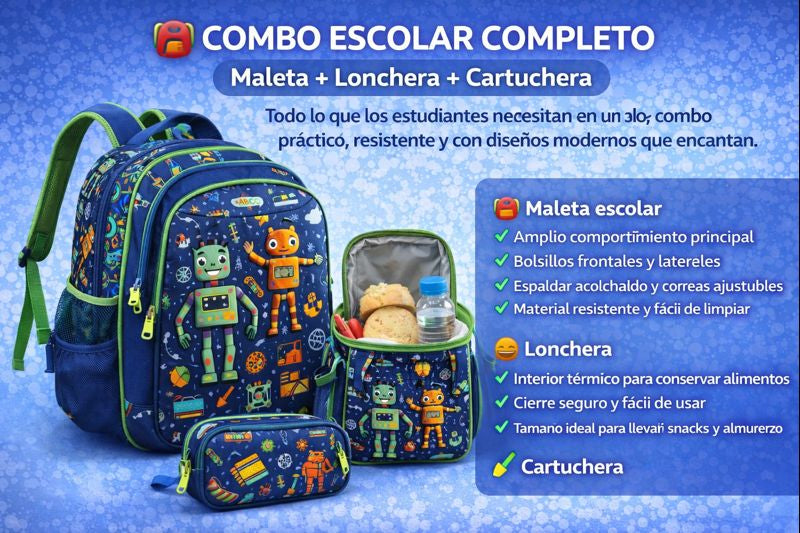 COMBO ESCOLAR COMPLETO (Maleta+lonchera+ cartuchera)